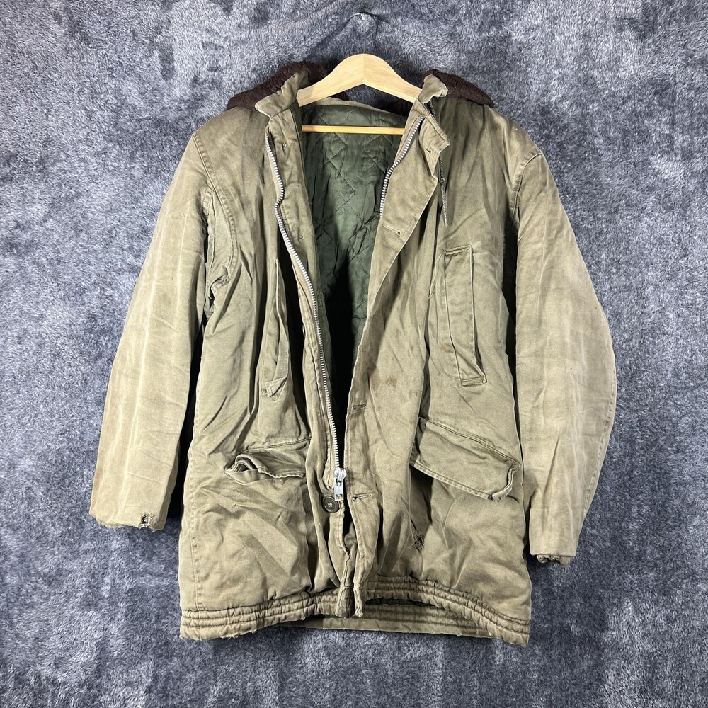 Vintage Canvas Parka Jacket Mens Large Green Quilted Lined Workwear Army Outdoor